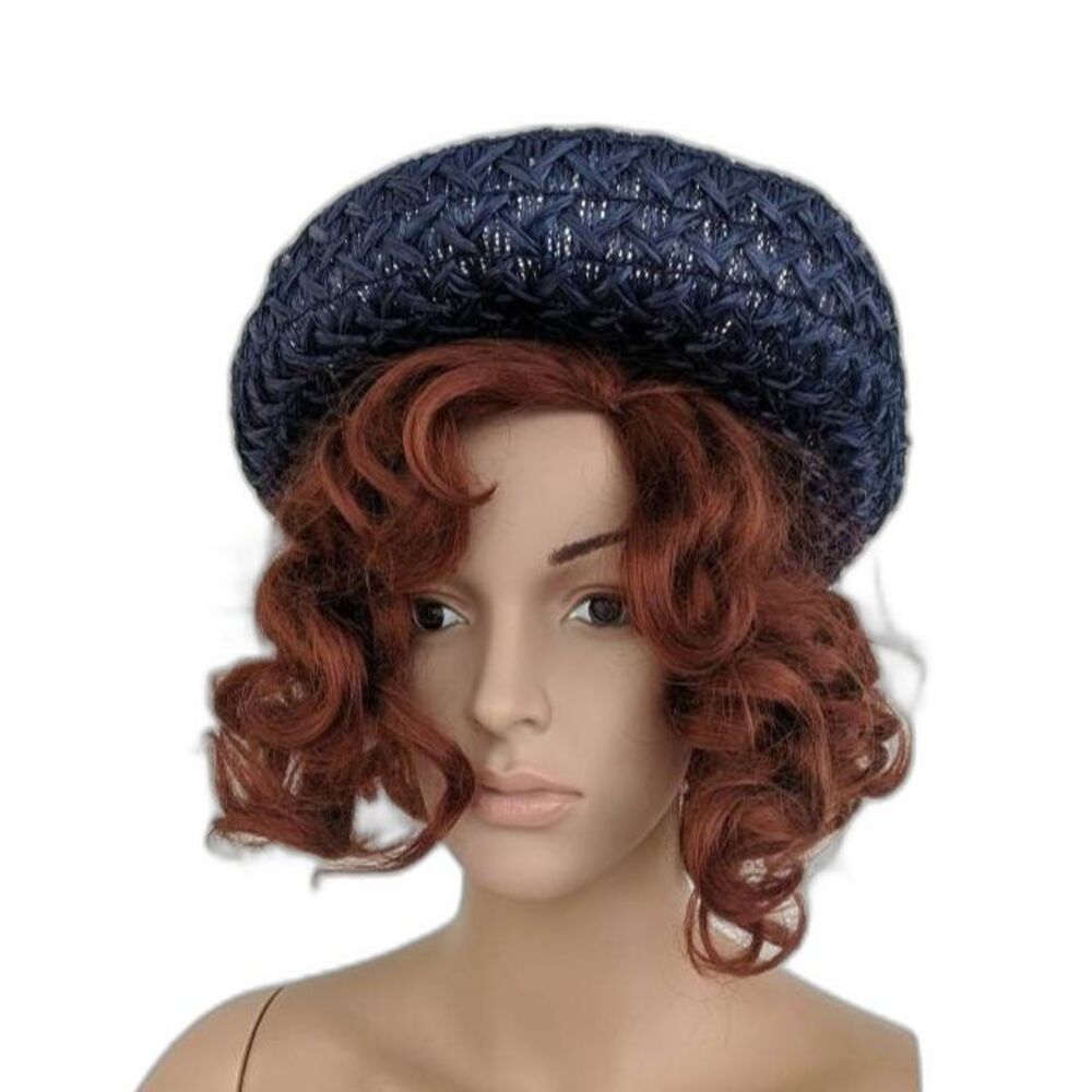 Vintage 50s Dark Blue Hat Raffia Straw Summer Sun